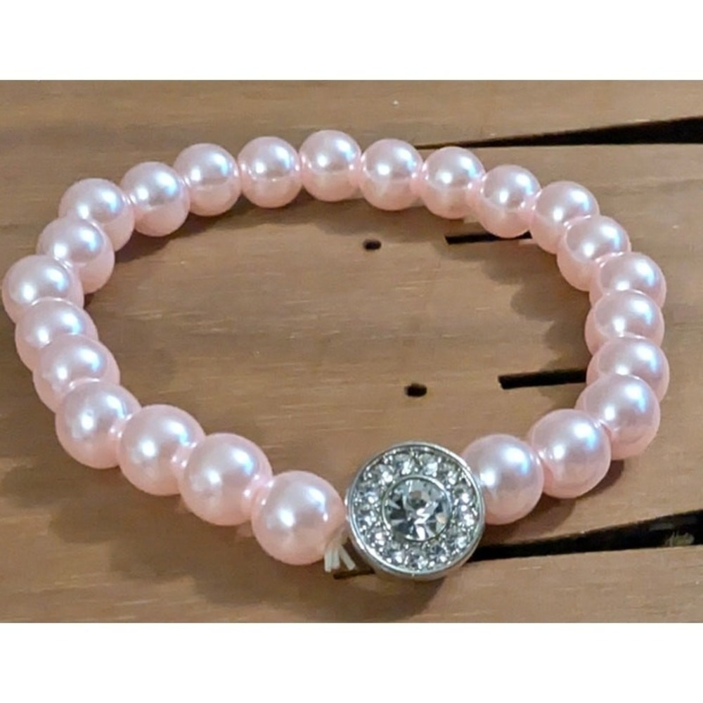 New Faux Pearl Stretch Bracelet‎ Pink Clear Pave Rhinestones Balletcore Formal